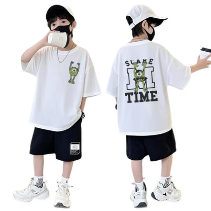Summer Kids Boys T-Shirt+Shorts 2-Piece Set Printing Children Teen Loose Comfortable Sports Casual Clothes 7-17 Years Old