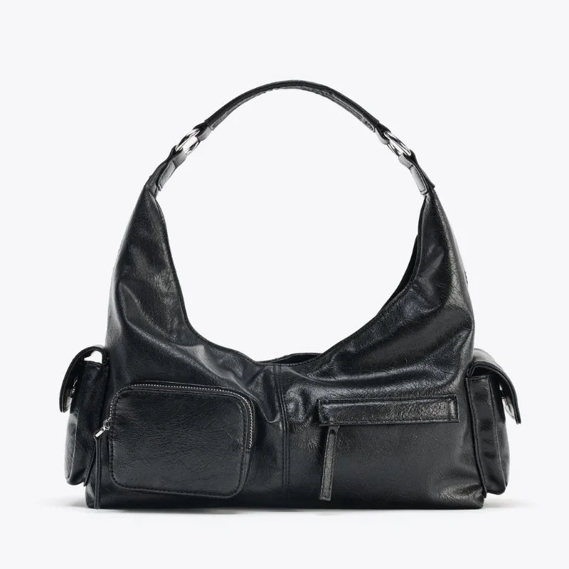 WOMEN'S CRACKLED EFFECT POCKET BAG, New Luxury Designer Punk Style Shoulder Hobo Bag, Multiple pockets Motorcycle Bag for Women