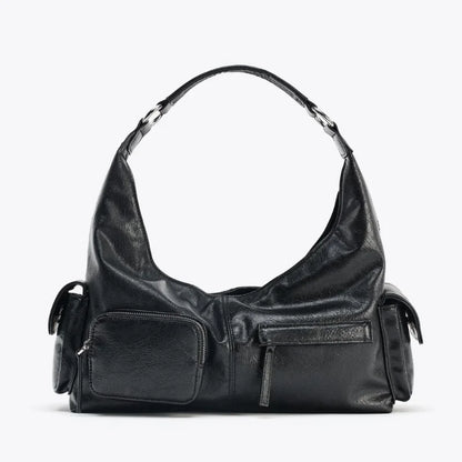 WOMEN'S CRACKLED EFFECT POCKET BAG, New Luxury Designer Punk Style Shoulder Hobo Bag, Multiple pockets Motorcycle Bag for Women