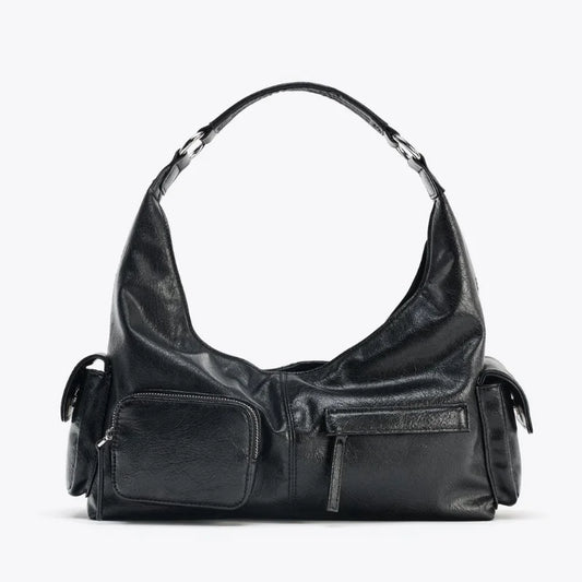 WOMEN'S CRACKLED EFFECT POCKET BAG, New Luxury Designer Punk Style Shoulder Hobo Bag, Multiple pockets Motorcycle Bag for Women