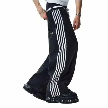 Calça Jeans Larga Retrô Azul com Bordado de Letras de Desenho Animado Hip Hop Harajuku Masculina Feminina Roupa Y2K Rock Cintura Baixa Perna Larga