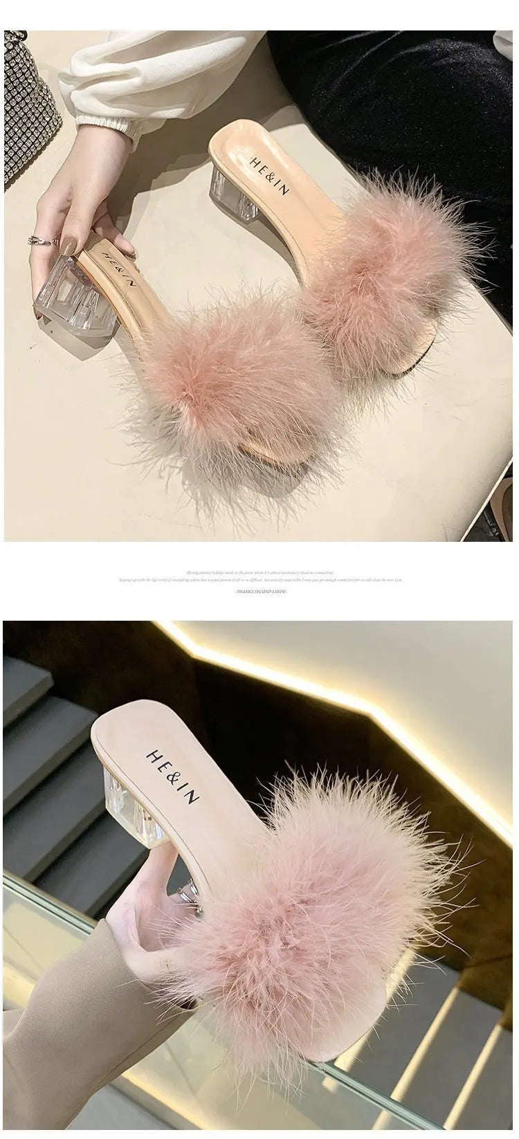 2023 Fluffy Peep Toe Sexy High Heels Women Shoes Fur Feather Lady Fashion Wedding Slip-On Pink Square Toe Women Sandals