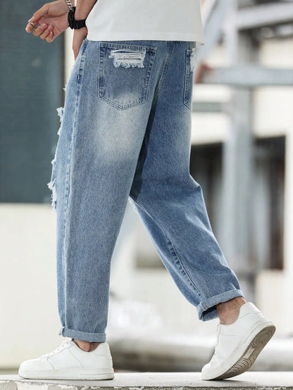 Men's Blue Ripped Denim Harem Pants for Spring and Autumn. Street Fashion. Casual Trend 。