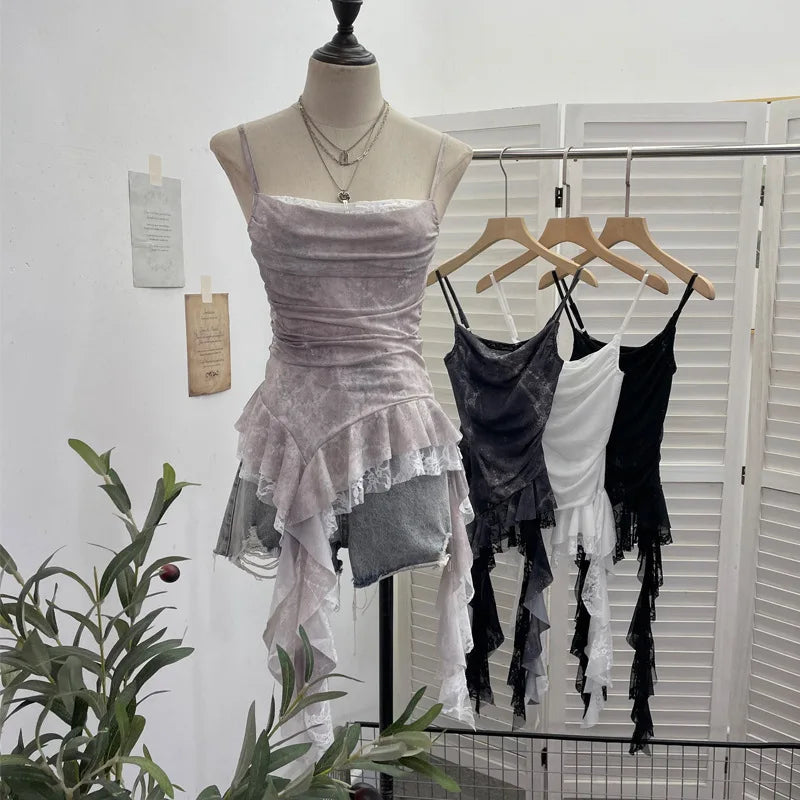 Summer Y2K Camisole for Women Casual Spaghetti Straps Double Layers Lace Stretch Mesh Patchwork Asymmetrical Slim Tops
