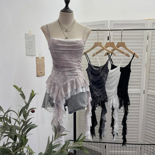 Summer Y2K Camisole for Women Casual Spaghetti Straps Double Layers Lace Stretch Mesh Patchwork Asymmetrical Slim Tops