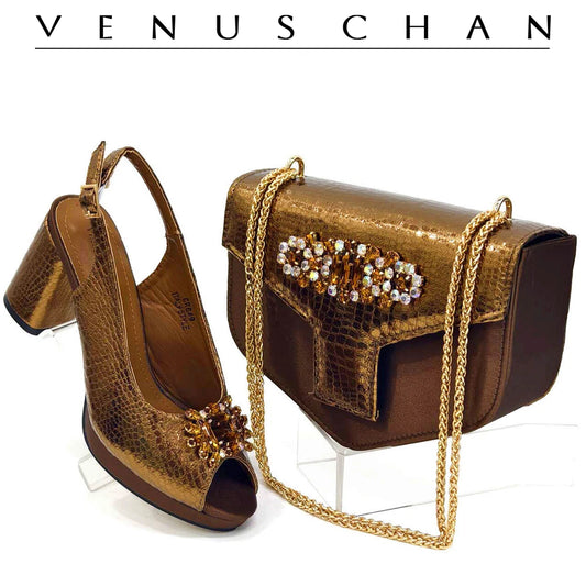 Italian Fashion Open Toe Women Strange Heels Bigger Size Fashion Rhinestone Decoration Brown Shoes And Bag Set Party Bag
