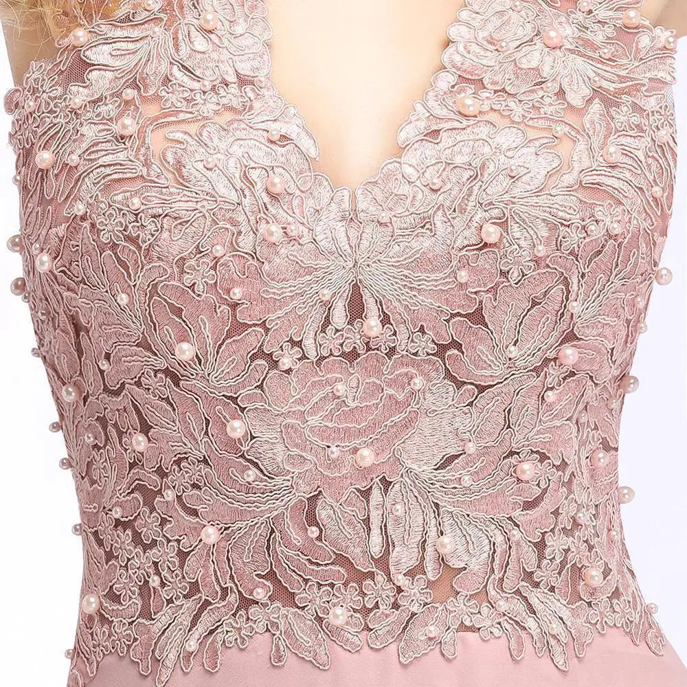 A-line V-neckline Chiffon Lace Pearls Beadings Floor-length Prom Dress Sleeveless Evening Elegant Party Dresses For Women 2024