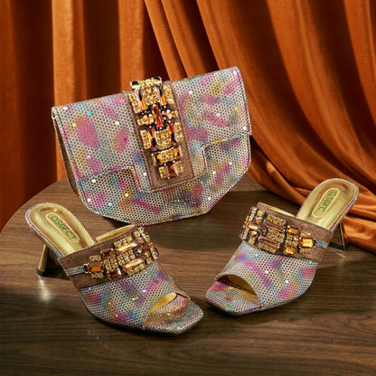 Mature Style Colorful Rhinestone Metal Design Strange High Heel Style Peep Toe Shoes and Bag Set for Party Wedding