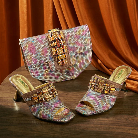 Mature Style Colorful Rhinestone Metal Design Strange High Heel Style Peep Toe Shoes and Bag Set for Party Wedding