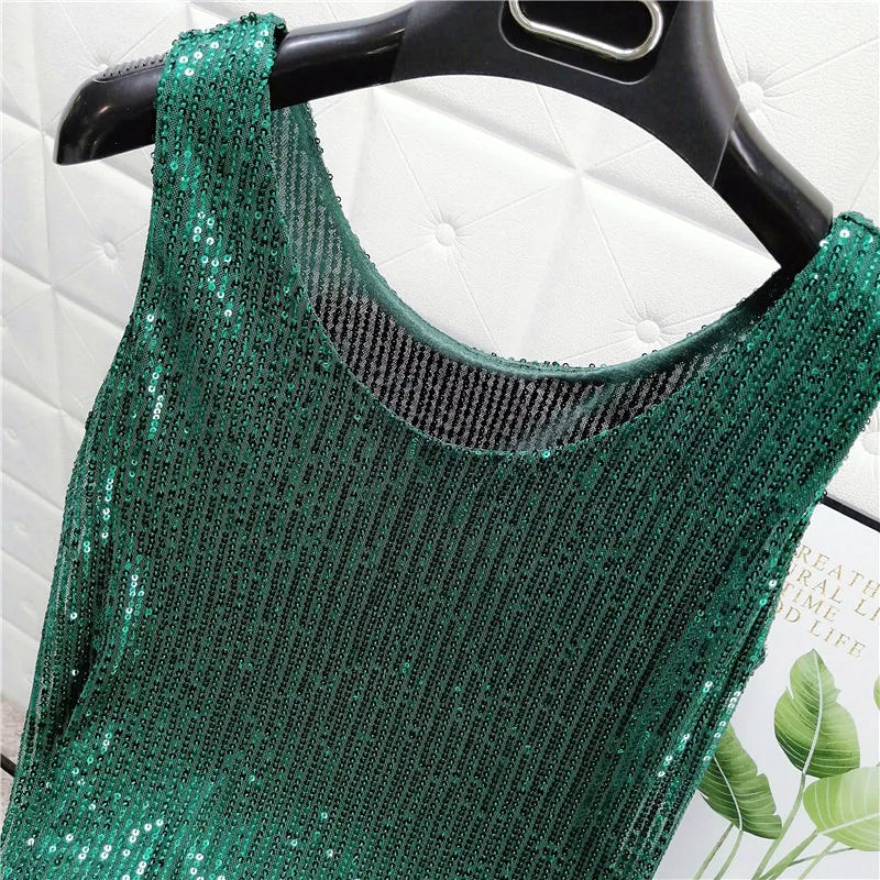 Sparkling Sequins Round Neck Vest Women's Outer Wear 2022 Summer New Bright Silk Fashion Glitter Bottoming Shirt Suspender Top
