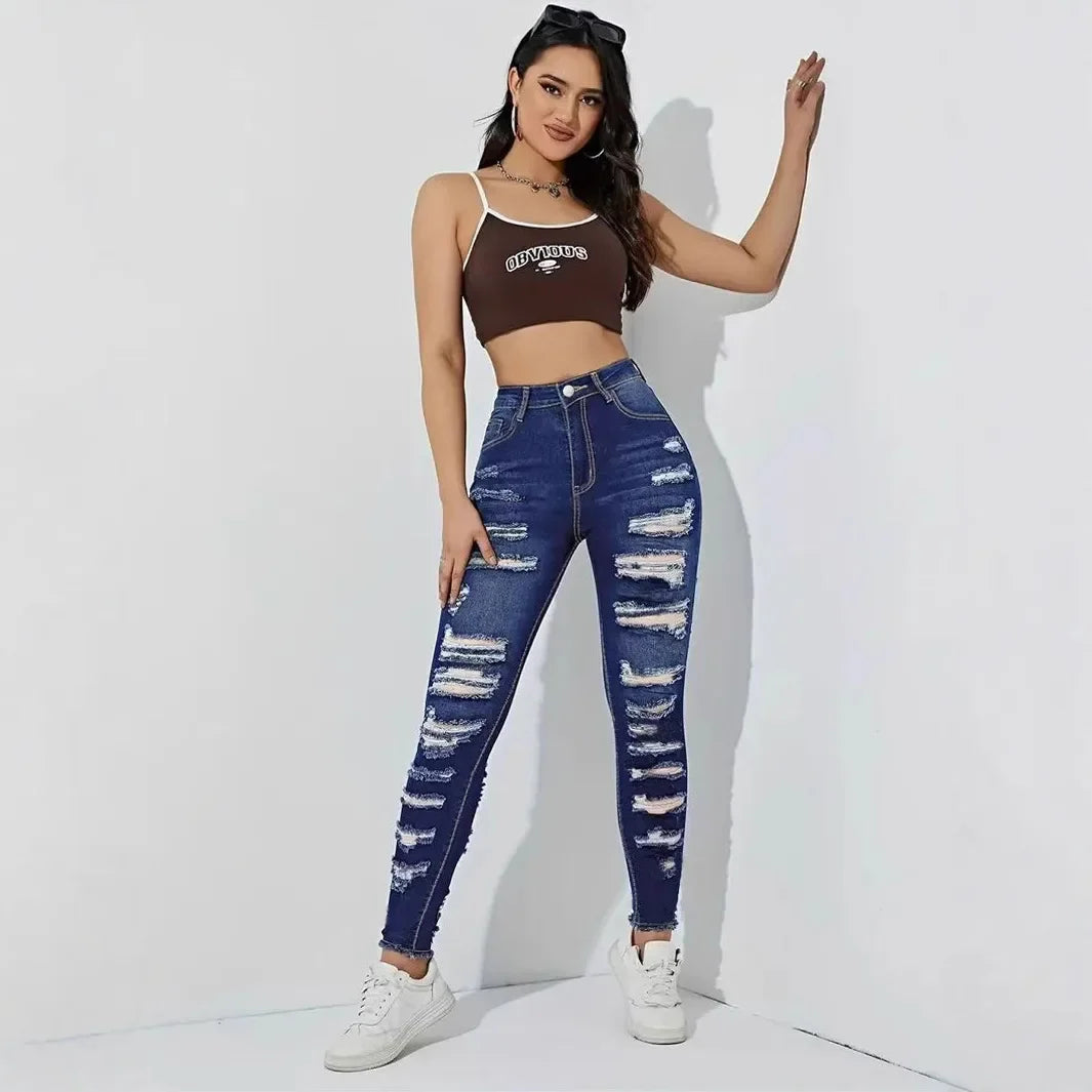 Denim Pants with Hole And Frayed Hem Fashion Casual Trousers