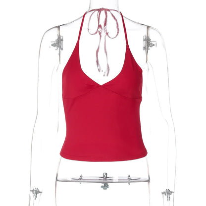 Solid Halter Backless Bandage Sexy Slim Crop Camis Top 2025 Summer Women Fashion Y2K Clothes Streetwear Festival Club