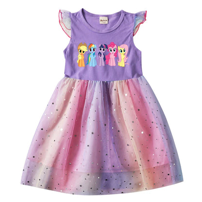 My Little Pony Baby Girls Dress Children Cartoon Mesh Star Sequins Princess Dress Kids Flying Sleeve Skirt For Daily Gift