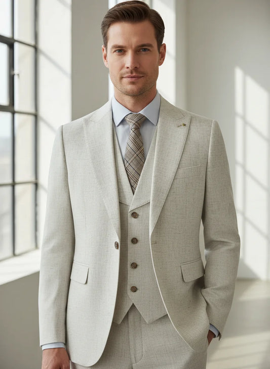 Turkish style 3-piece set(Jacket + vest+Pants) elegant men's suit beige man jacket Slim-Fit full men's suit business office