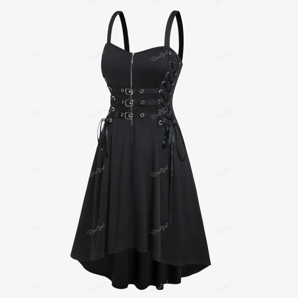 Plus Size Gothic Buckled Lace Up Midi Dress High Waist Sweetheart Neck Asymmetrical Half Zip Sleeveless Party Punk Dress