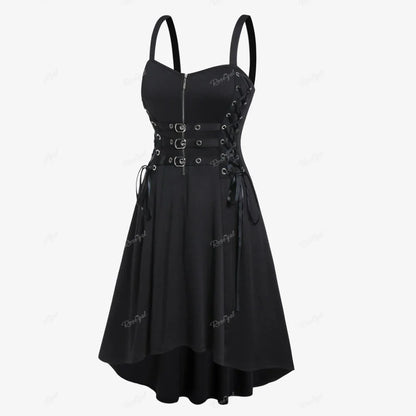 Plus Size Gothic Buckled Lace Up Midi Dress High Waist Sweetheart Neck Asymmetrical Half Zip Sleeveless Party Punk Dress