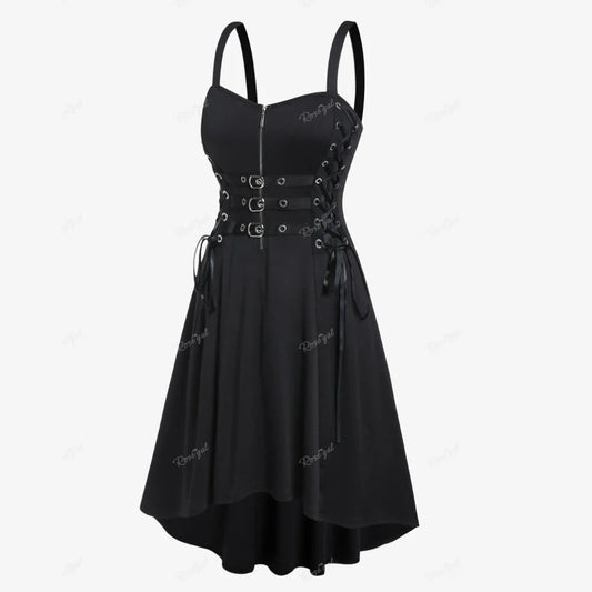 Plus Size Gothic Buckled Lace Up Midi Dress High Waist Sweetheart Neck Asymmetrical Half Zip Sleeveless Party Punk Dress