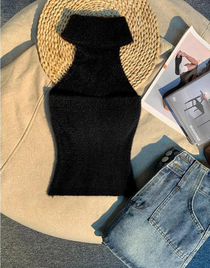 Spice Girl Hair Halter Neck Camisole Female Imitation Mink Inside Tank Top  Autumn and Winter Design Sense Knitted Bandeau Top