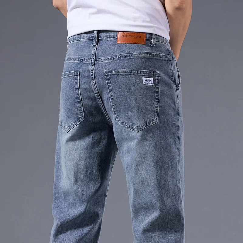 New Men's Light Business Micro Stretch Straight Fit Denim Pants Vintage Distressed All Season Wearable Long Pants