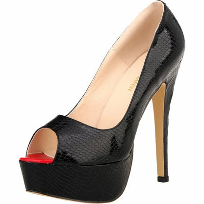 Women Sandals Sexy Pumps Patent Leather Platform Crocodile Pattern 14cm High Heels Peep Toe Stilettos Party Dress Wedding Shoes