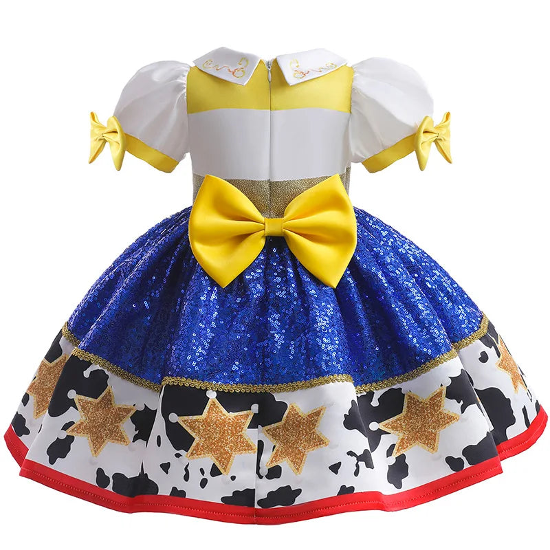 Girl's Sequin Bubble Sleeves Princess Dress 2025 New Baby Bow Knot Contrast Color Fluffy Dress Carnival Performance Dress