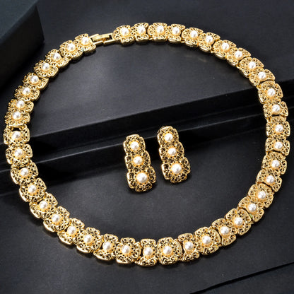 Conjunto de joias de luxo Dubai para mulheres, moderno, colar de pérolas, pulseira, anel, brincos, conjunto de joias banhadas a ouro 18k