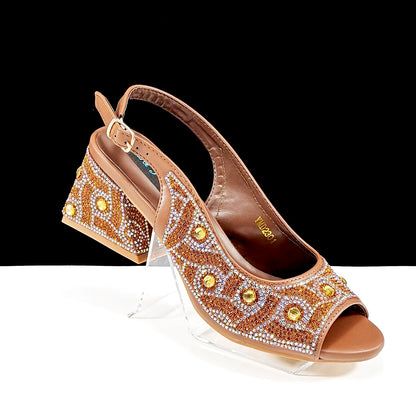 Q Rhinestone Design INS Hot Sale New Arrivals African Shoes and Bag Set in Green Color Open Toe Comfortable Women Heels