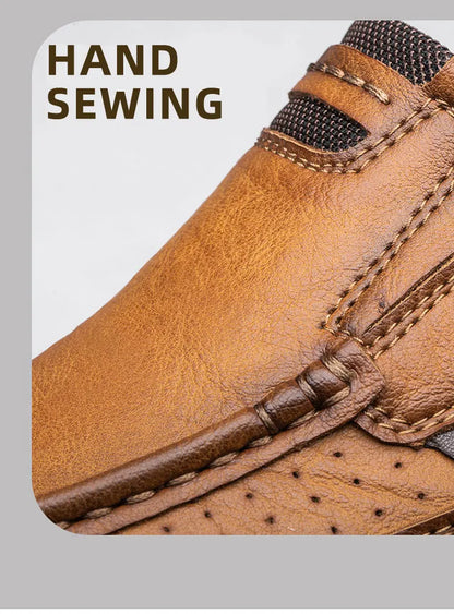 Men's Casual Loafers Handmade Breathable Leather Shoes with Thick Rubber Sole Comfortable Footwear Classic Hand Sewn Seams
