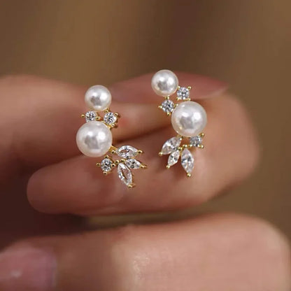 Graceful Gold Color/Silver Color Stud Earrings Lady Simulated Pearl Jewelry Chic Shiny Zirconia Accessories for Wedding