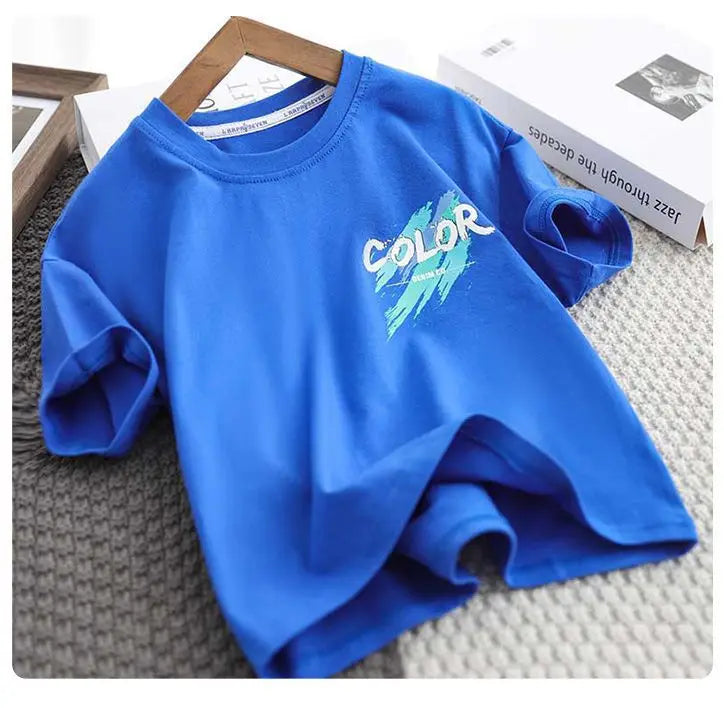 Children's set 2026 new Korean version boys' summer printed letter round neck short sleeved shorts two-piece set 4-12Y