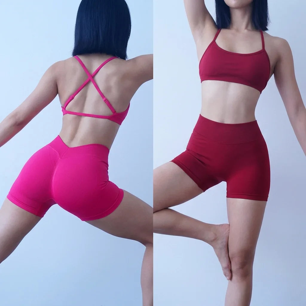 Women's Seamless Quick Dry Fitness Set Sports Bra And Hip Lifting V-Waist Yoga Shorts Pilates Training Clothing Gym Set