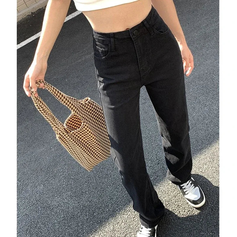 Calça Jeans Feminina Coreana de Cintura Alta Reta Streetwear
