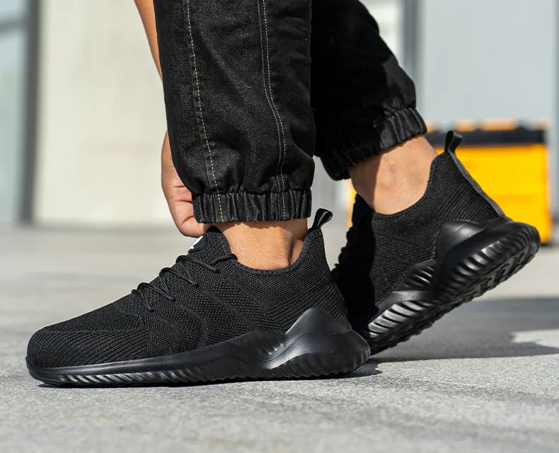 Men‘s Safety Shoes with Steel Toe Puncture Proof Anti-smash Work Sneakers Lightweight Breathable Black Sneakers for Construction