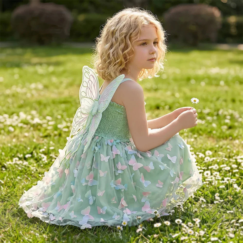 Girls Green Butterfly Dress Summer Children Colorful Mesh Dress Baby Sling Wings Princess Dress for Birthday 2-6T