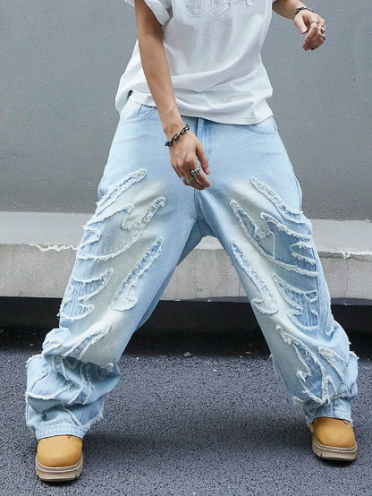 Men's trendy and cool denim wide-leg pants for all seasons featuring unique patchwork patterns, light blue street-stunning style