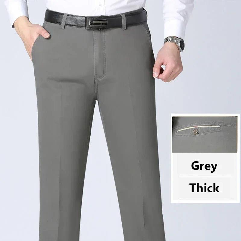 Men's Spring Autumn 100% Cotton Middle-aged Business Trousers Straight Slacks High Waist Dad's Thin Thick Casual Male Suit Pants