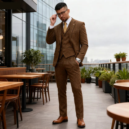 Men's Herringbone Slim Fit 3-Piece Tweed Smoking Suit Casual Formal Business Ternos Wedding Blazer Pants Vest Wool Blend