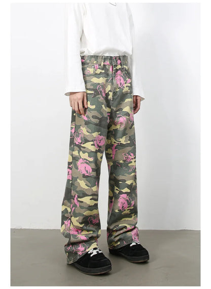 Tide Camouflage Jeans Men's Ins Loose Straight Wide Leg Casual Denim Pants Loose Male Trousers 12C2036