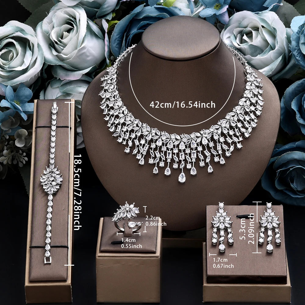 2024 New 4-piece Bride Zirconia Women's Party Jewelry Set, Deluxe Dubai Nigeria CZ Crystal Wedding Necklace Set