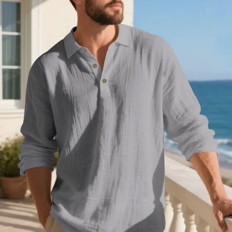 Linen shirt stand-up collar button-down men's loose casual breathable V-neck long-sleeved polo shirt