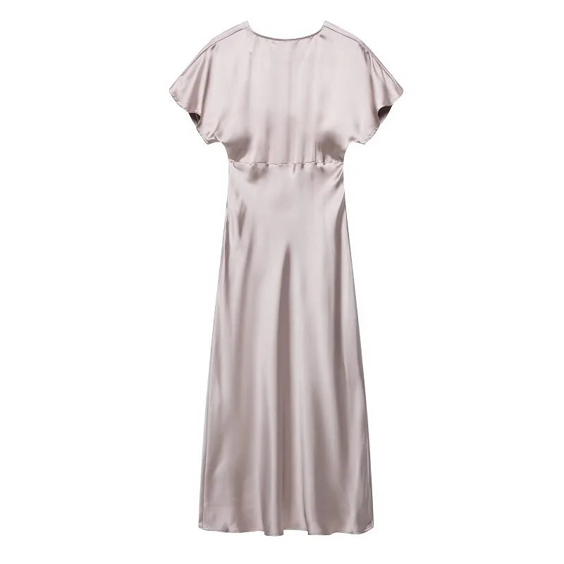 Satin Long Dress Woman Black Draped Midi Dresses for Women Elegant Party Women Dresses Short Sleeve Chic Female Dress