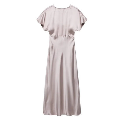 Satin Long Dress Woman Black Draped Midi Dresses for Women Elegant Party Women Dresses Short Sleeve Chic Female Dress
