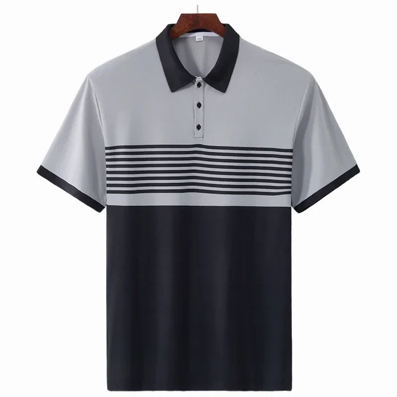 Striped Polo Shirt Men Plus Size 1XL-7XL 110-180kg Short Sleeve T-Shirt Loose Polos Oversized Tops Grey White Big Male Clothing