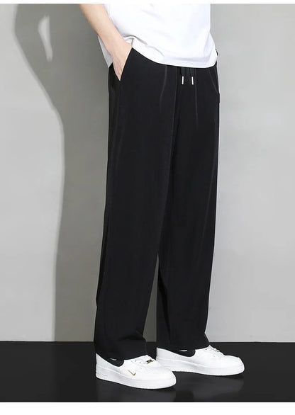 Men Drawstring Casual Pants Loose Drape Wide-leg Athleisure Pants Men Summer Thin Quick-drying Trousers Ice Silk Straight Pants