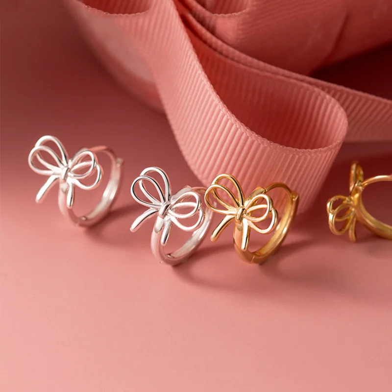 925 Sterling Silver Hollow Romantic Bow Huggies Ear Hoops Earrings for Women Fashion Elegant Charm Party Jewelry Gifts