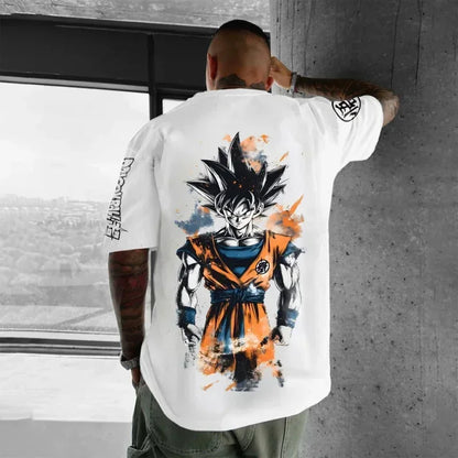Oversized T-shirt High Quality 100% Cotton Kid Goku with Power Pole Line Art Print UnisexCasual Y2K