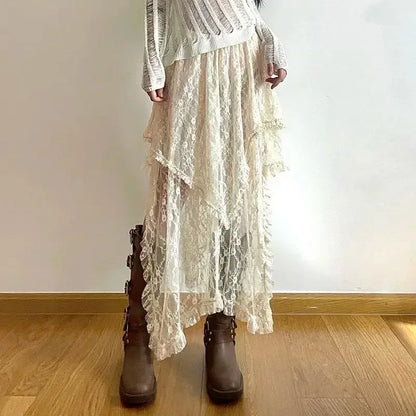 Y2K Korean Style Fashion Floor-Length Long Skirt Summer A-Line Mesh See Through polka Dot Skirt Women High Waist Lace Maxi Skirt