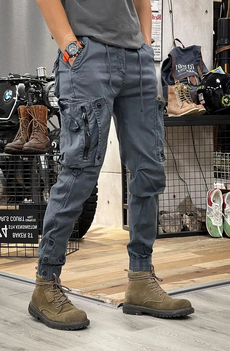 Fashionable men's slim fit work pants, casual loose zipper, multi pocket jogging pants, elastic leg binding pants
