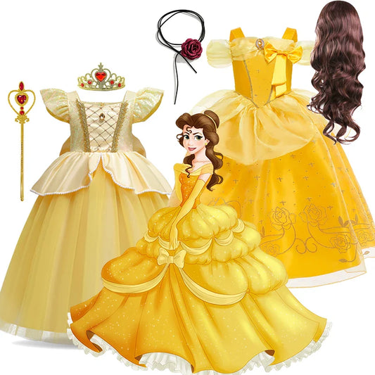 Birthday Party Belle Costume Children Yellow Mesh Ball Gown Kid Cosplay Luxury Party Dress for Girl Princess Bell Evening