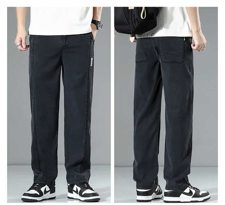 Summer Thin Men's Loose Straight Jeans Lyocell Soft Drape Business Casual Trousers Classic Smoke Gray Brand Ice Silk Denim Pants
